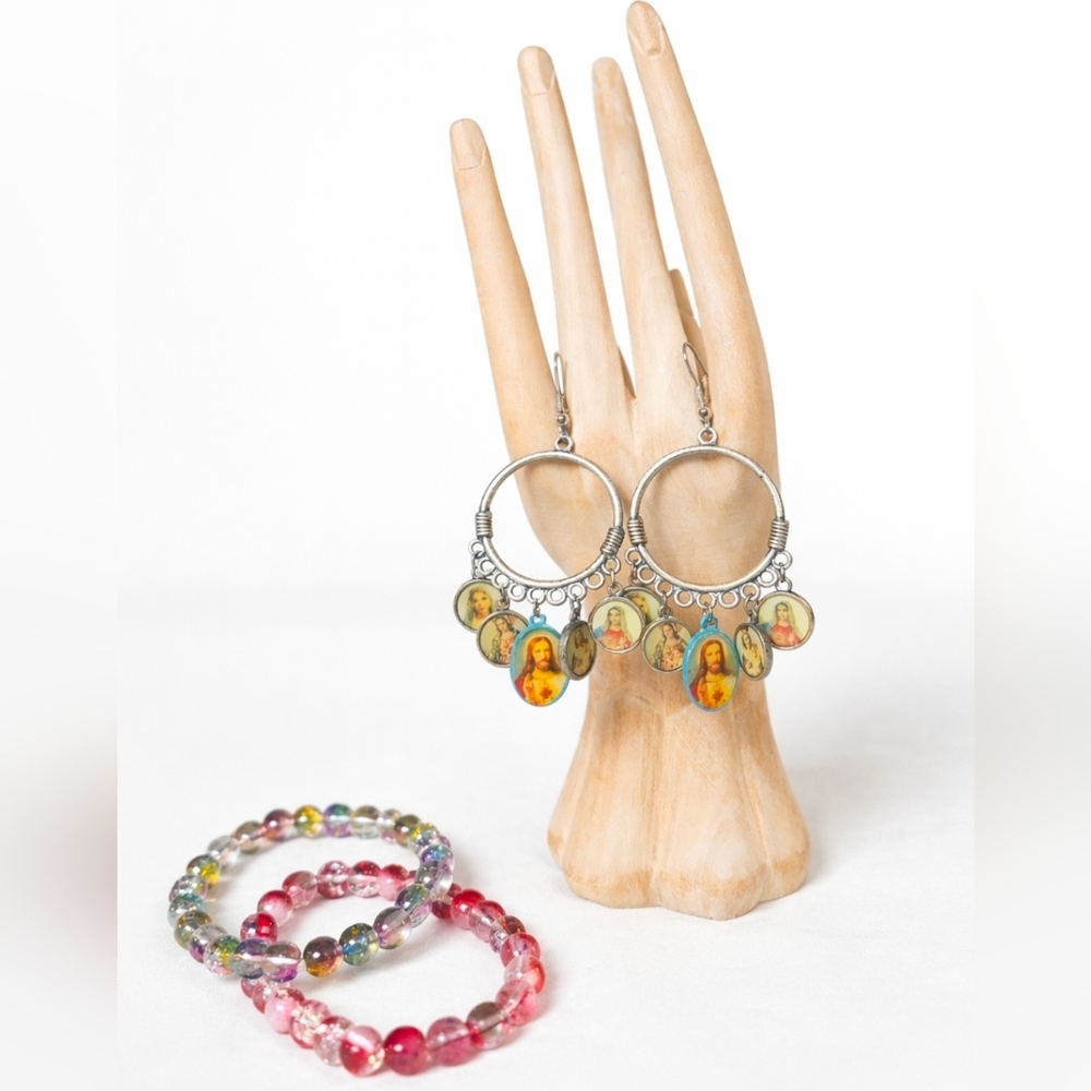 Vtg "ICON" Earrings/Glass Beaded Bracelets Bundle